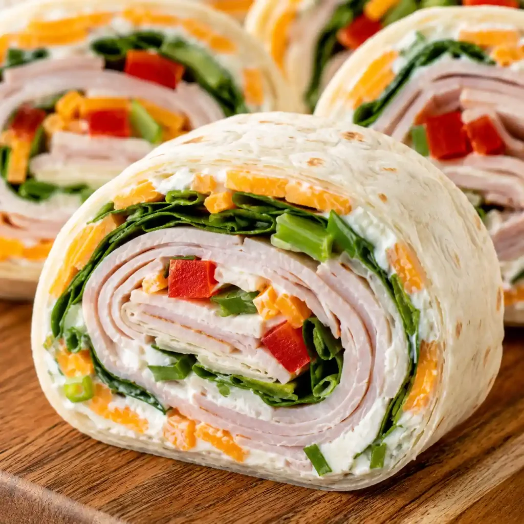 Close-up of sliced turkey pinwheels showing creamy filling, turkey layers, cheddar cheese, spinach, and crisp bell pepper