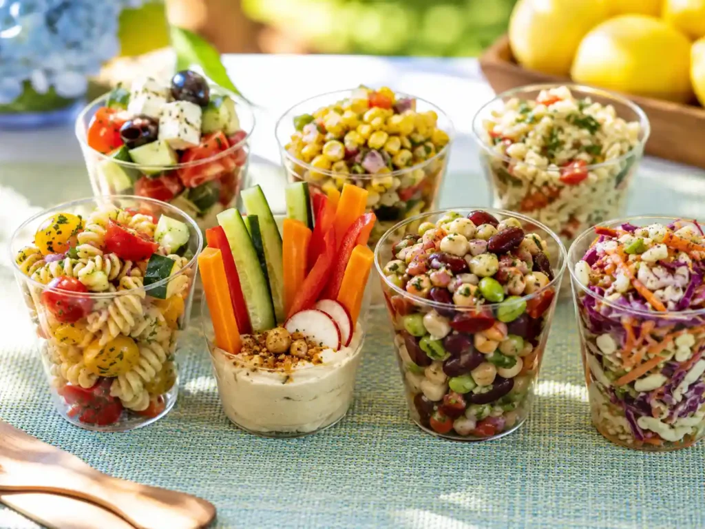 Cold appetizer cups with pasta salad, no-mayo slaw, hummus, and bean salad for summer parties