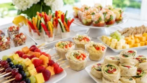 Cold finger foods for summer parties with fruit skewers, veggie cups, dips, wraps, and chilled appetizer cups