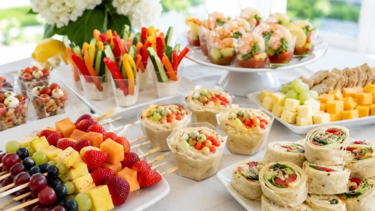 Cold finger foods for summer parties with fruit skewers, veggie cups, dips, wraps, and chilled appetizer cups