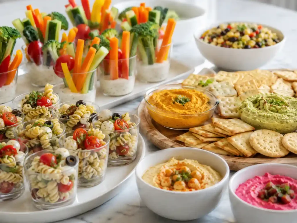 Cold summer finger foods with cucumber bites, pasta cups, fruit skewers, cheese cubes, crackers, and chilled shrimp bites
