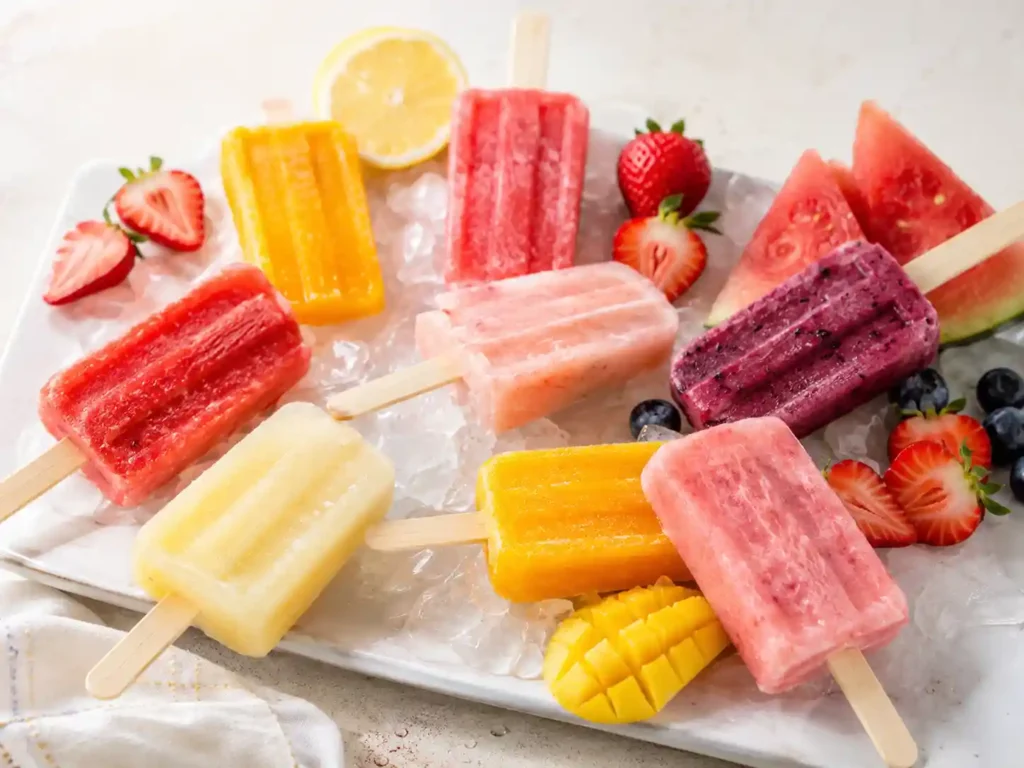 Colorful homemade fruit popsicles arranged on a chilled tray for a summer party.