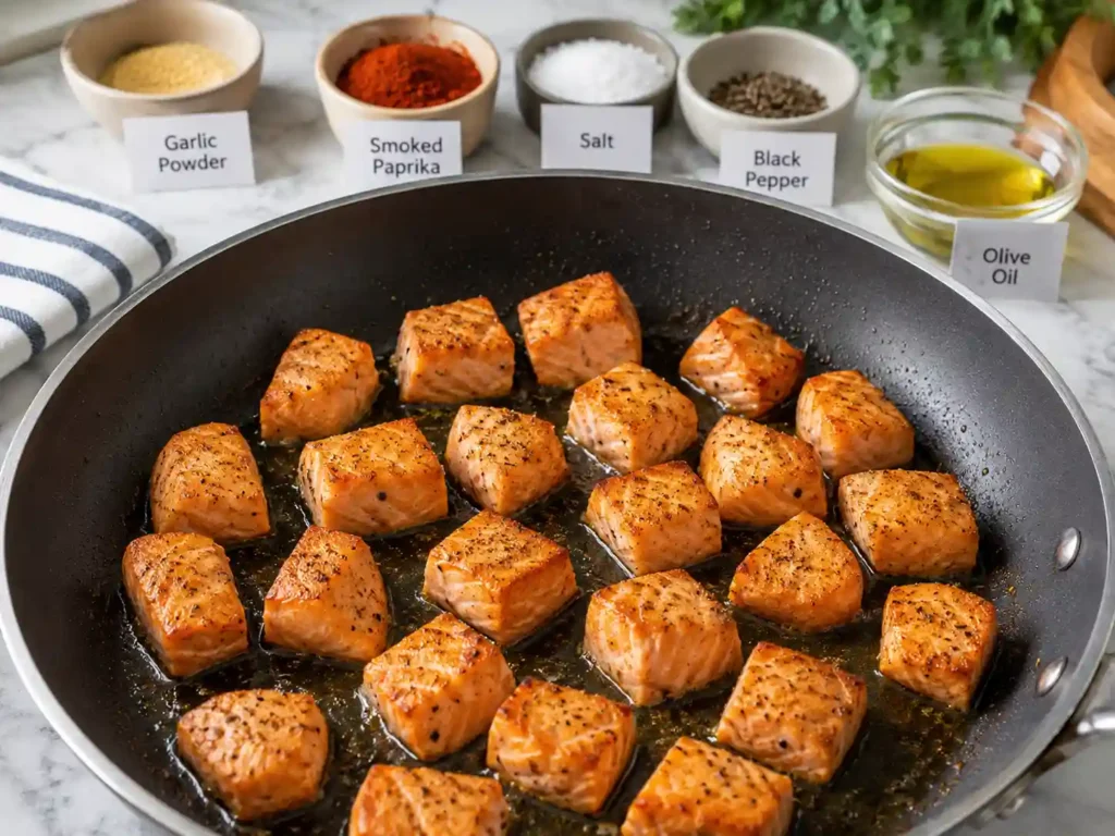 Salmon bites cooking in a skillet with garlic powder, smoked paprika, salt, pepper, and olive oil for Bang Bang Salmon Bowls