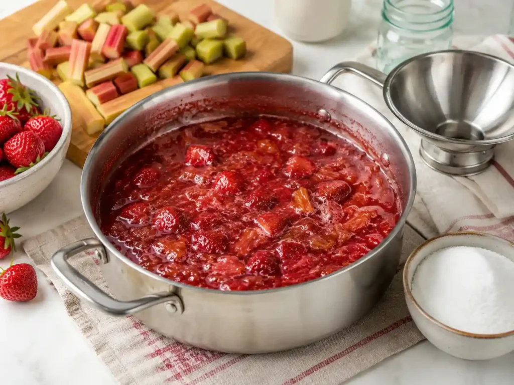Strawberry rhubarb jam cooking in a deep saucepan with a glossy red fruit mixture.