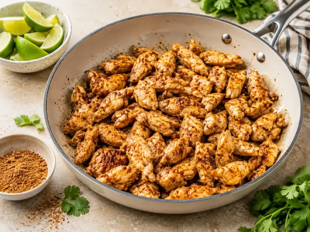 Taco-seasoned chicken cooking in a skillet for chicken taco salad.