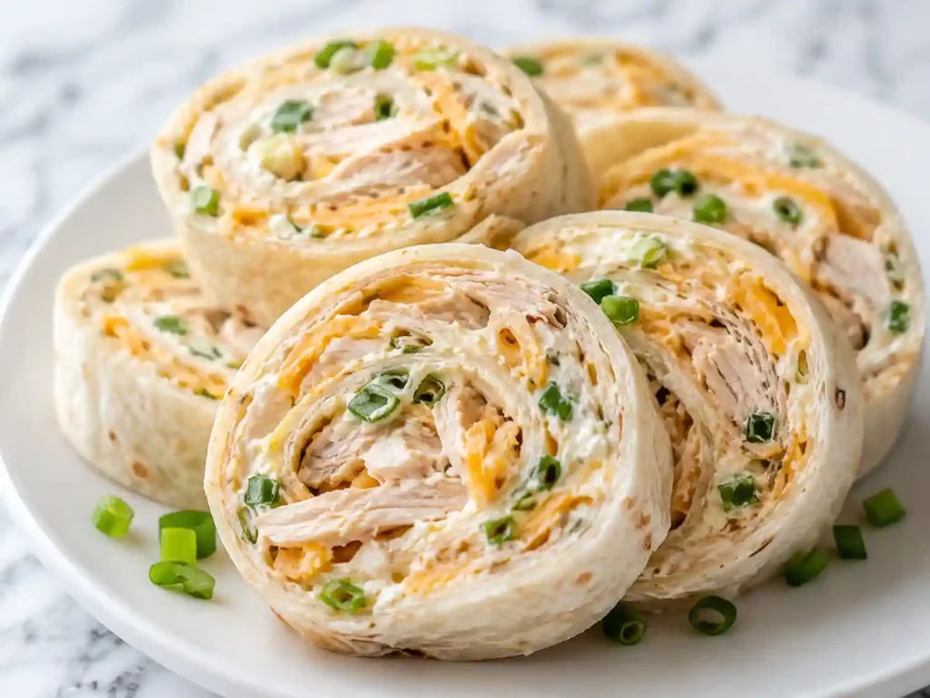 Sharp close-up of chicken pinwheel slices showing creamy shredded chicken filling inside soft tortilla spirals.