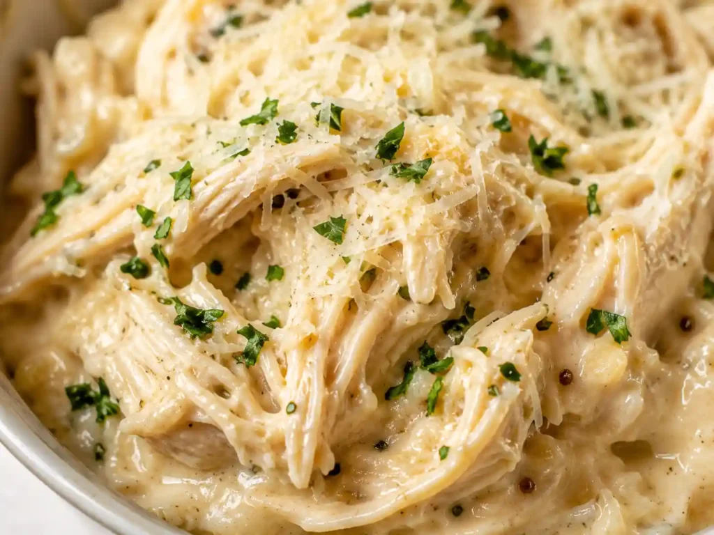 Sharp close-up of creamy garlic parmesan chicken with sauce clinging to tender shredded chicken.