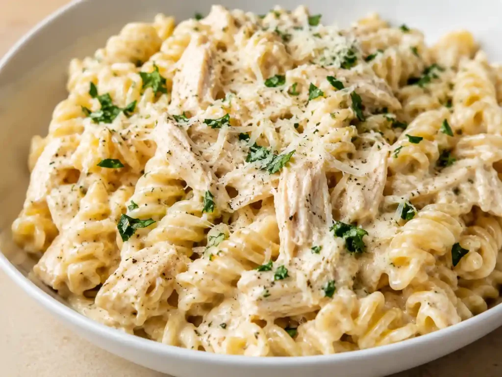 Close-up of creamy garlic parmesan chicken pasta with sauce clinging to rotini and shredded chicken.