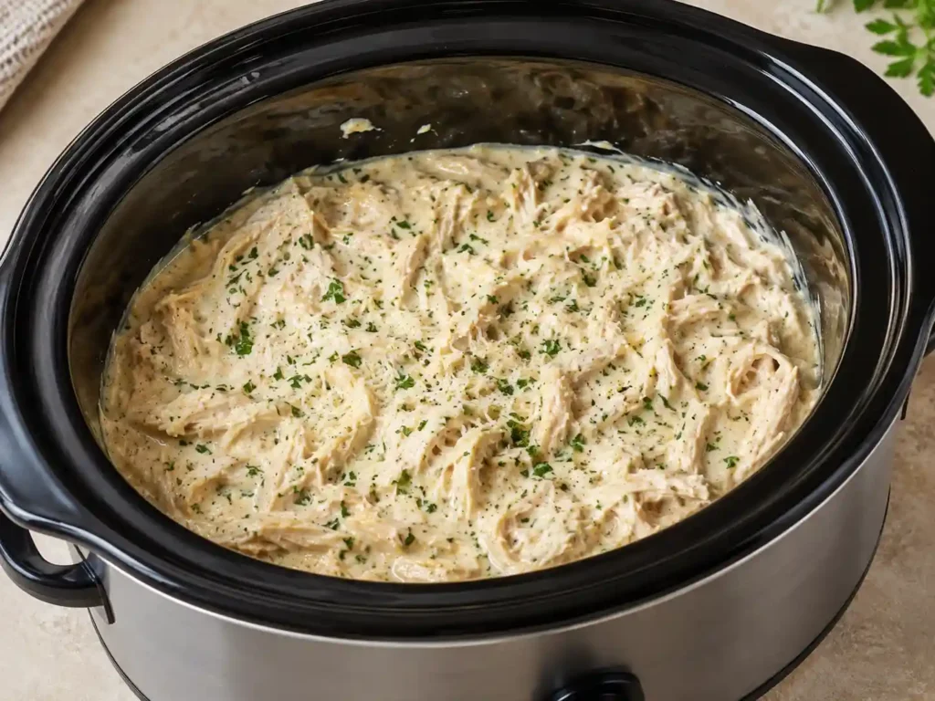 Creamy garlic parmesan chicken being stirred in a slow cooker with parmesan sauce and parsley.