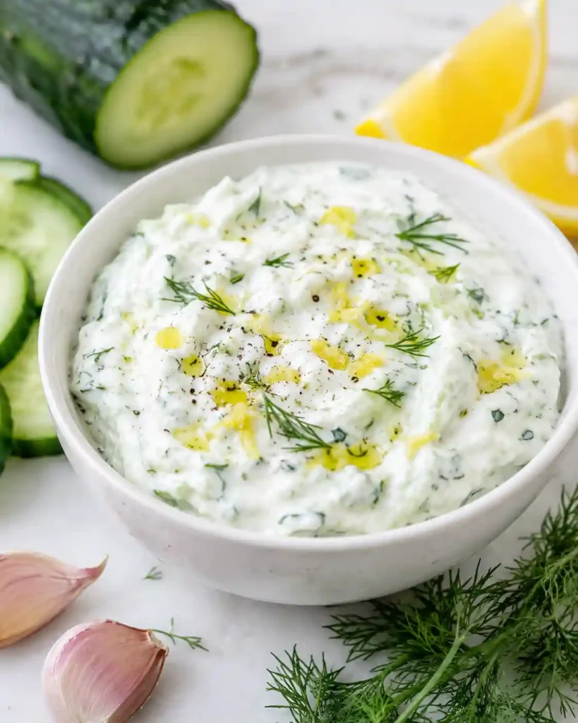 Creamy homemade tzatziki with grated cucumber, Greek yogurt, lemon, garlic, and fresh dill