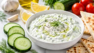 Creamy homemade tzatziki sauce in a white bowl with cucumber, dill, lemon, garlic, olive oil, pita, and fresh vegetables.
