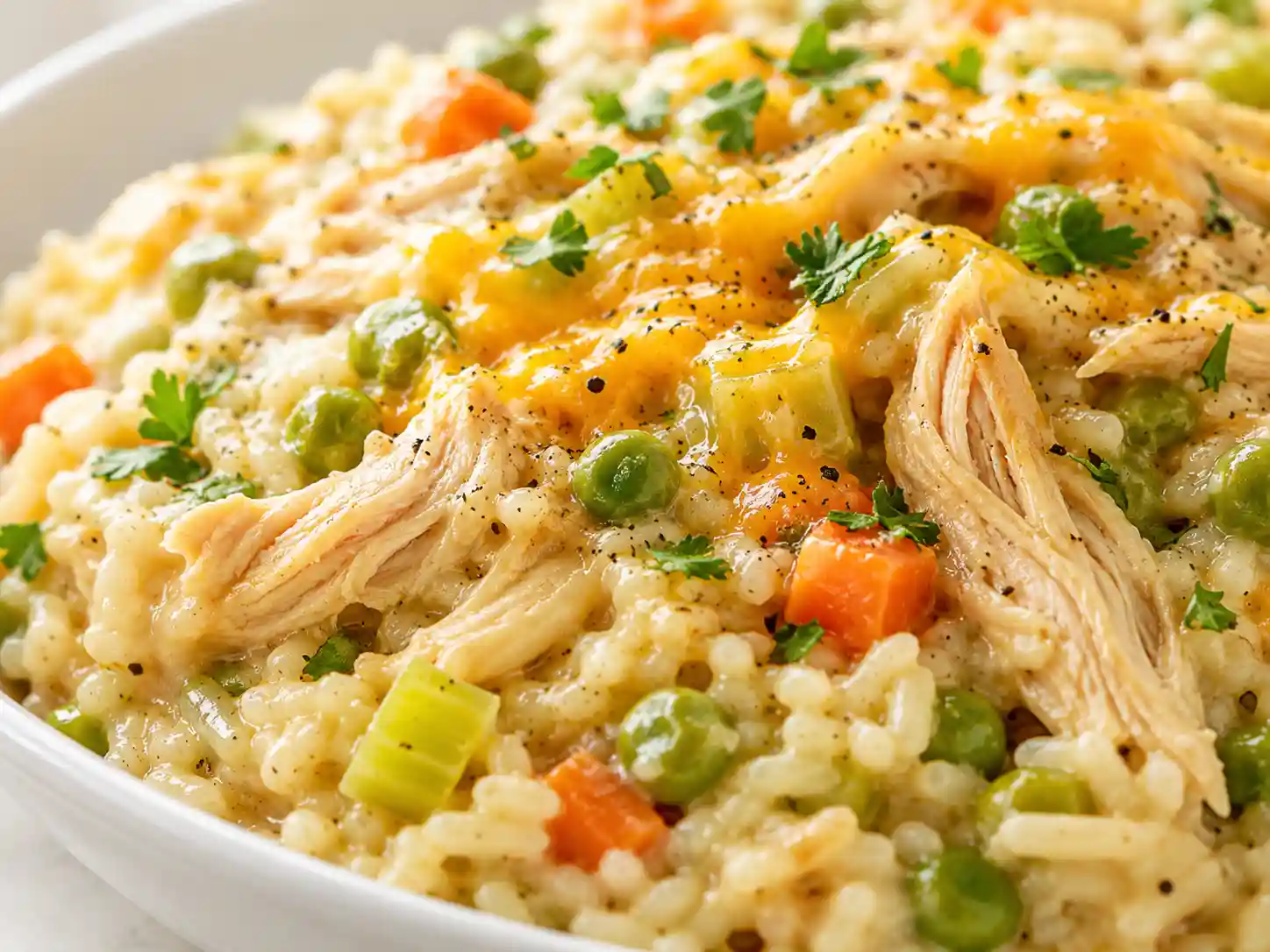 Close-up of creamy slow cooker chicken and rice with tender shredded chicken, vegetables, melted cheddar, and parsley.