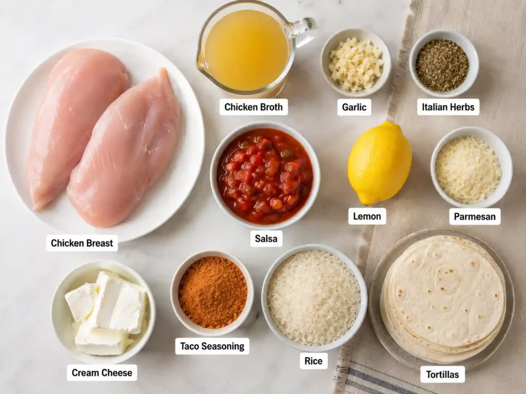 Labeled ingredients and flavor options for crockpot chicken breast recipes, including chicken breast, broth, garlic, salsa, lemon, parmesan, and tortillas.