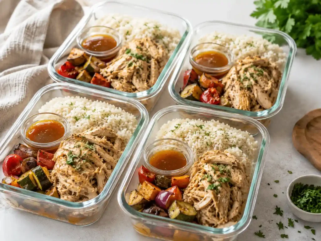 Meal prep containers with crockpot chicken breast, rice, vegetables, and sauce