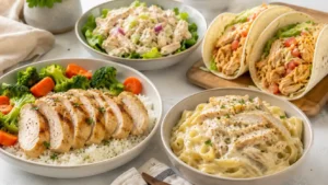 Tender crockpot chicken breast served with rice, vegetables, wraps, and pasta for easy dinners.