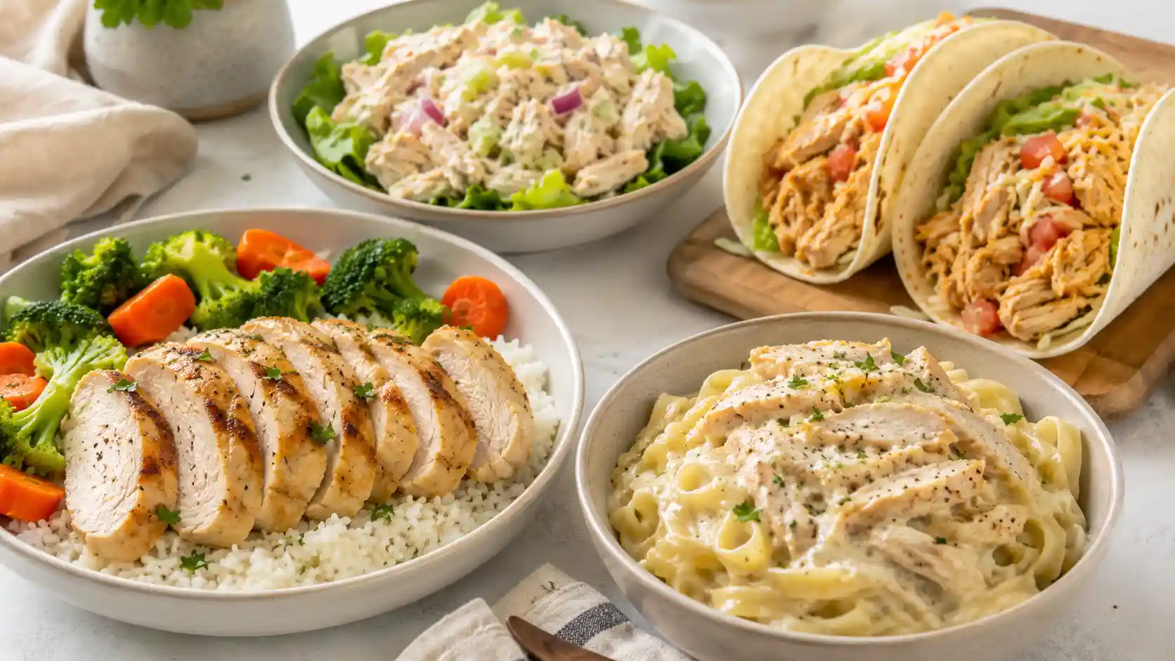 Tender crockpot chicken breast served with rice, vegetables, wraps, and pasta for easy dinners.