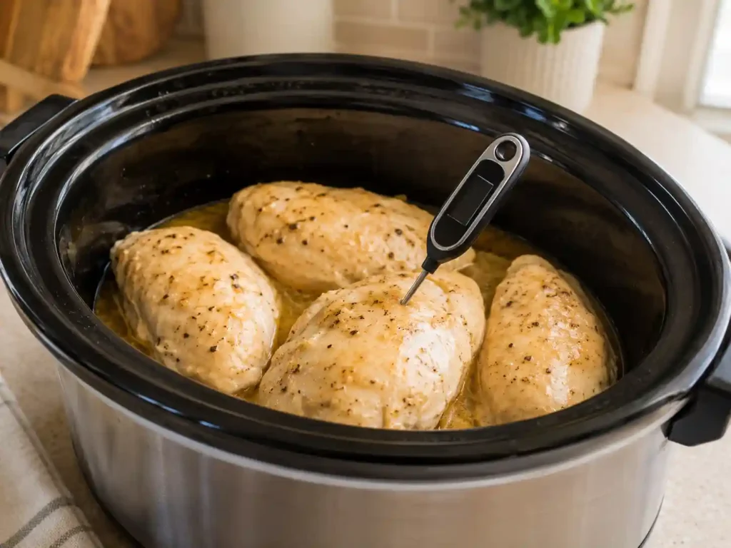 Cooked crockpot chicken breast checked with an instant-read thermometer for safe doneness.
