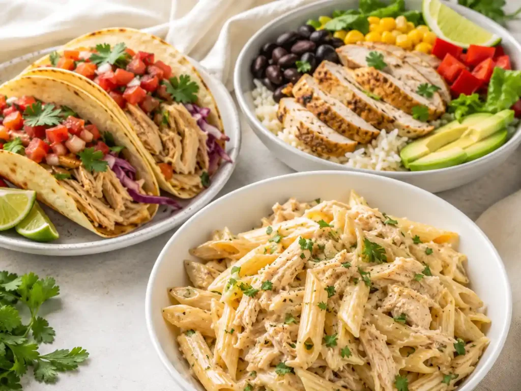 Crockpot chicken breast served three ways with tacos, a rice bowl, and creamy pasta.