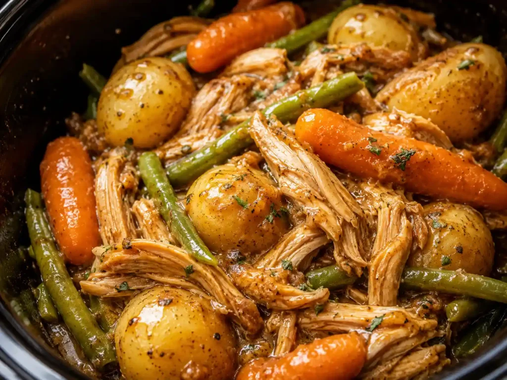 Close-up of tender crockpot chicken with potatoes, carrots, green beans, and savory sauce.