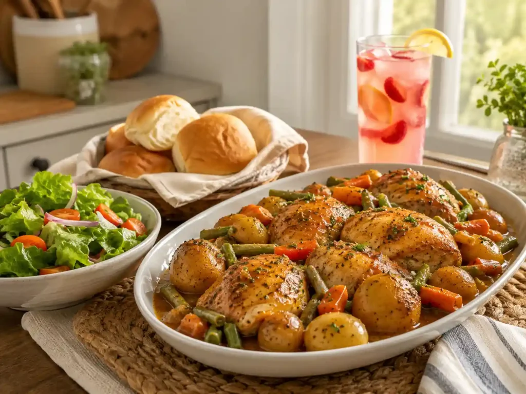 Crockpot chicken dinner served with salad, bread, and strawberry lemonade.