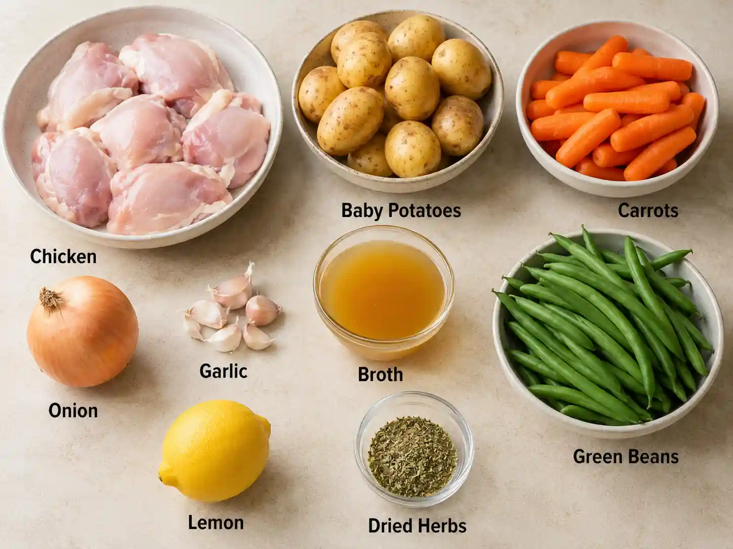 Crockpot Full Meal Ingredients Labeled ingredients for a crockpot full meal including chicken, potatoes, carrots, green beans, onion, garlic, broth, lemon, and herbs.