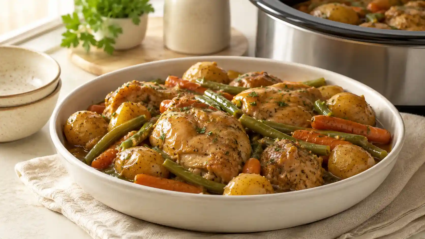 Crockpot full meal with chicken, potatoes, carrots, and green beans served family-style.