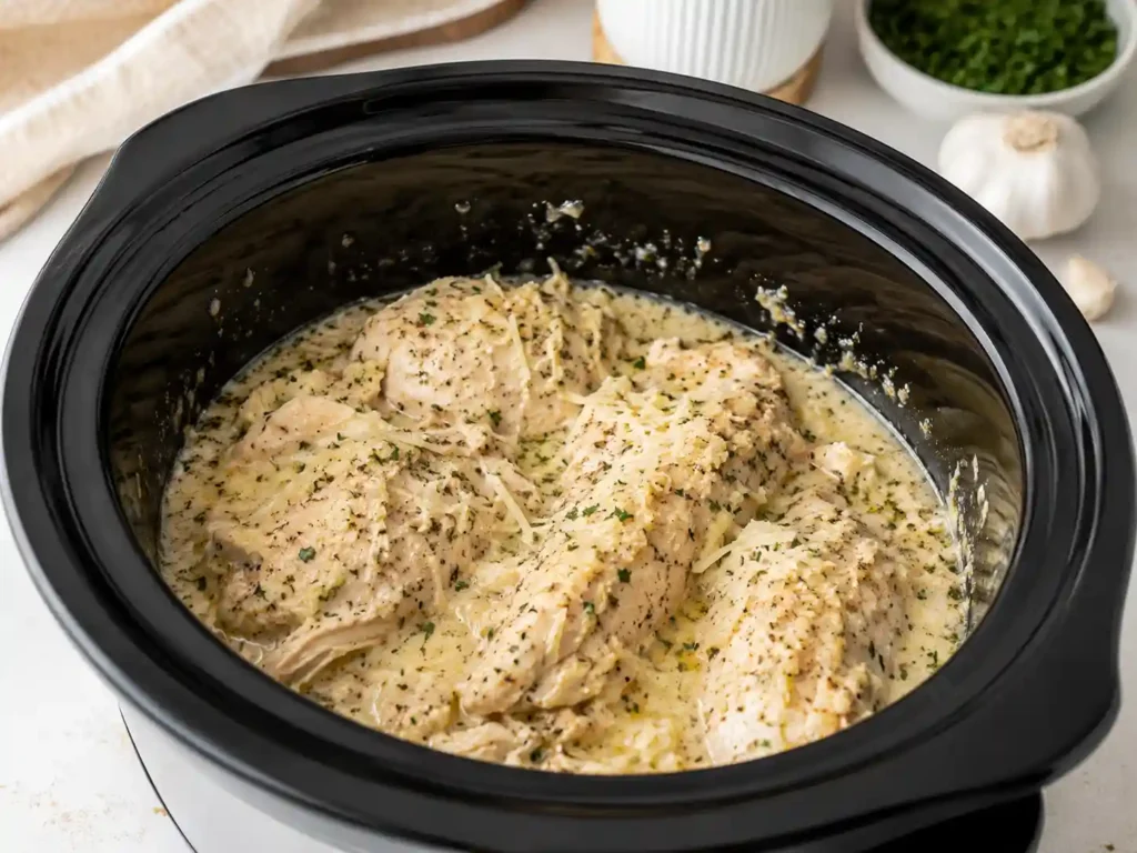 Cooked chicken in a crockpot with creamy garlic parmesan sauce before pasta is added.