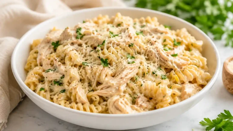Creamy crockpot garlic parmesan chicken pasta with shredded chicken, rotini, Parmesan, and parsley in a white bowl.