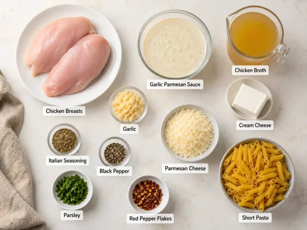 Labeled ingredients for crockpot garlic parmesan chicken pasta including chicken, garlic parmesan sauce, cream cheese, Parmesan, pasta, broth, garlic, herbs, and parsley.