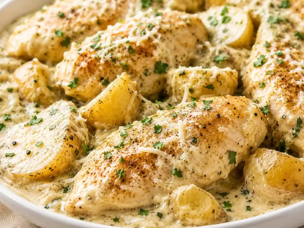 Close-up of creamy garlic parmesan chicken and potatoes with melted Parmesan sauce and tender potato pieces.