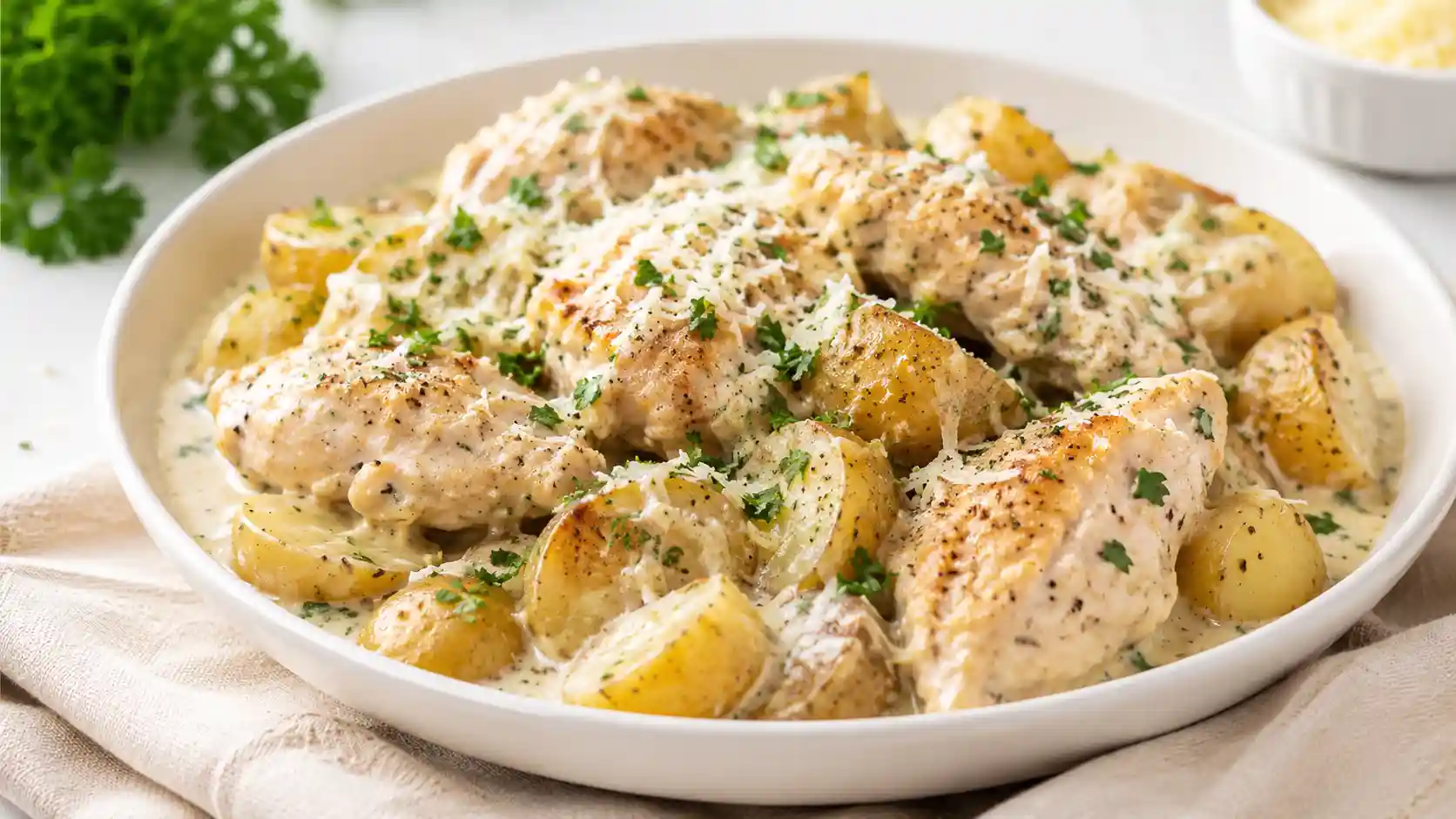 Creamy crockpot garlic parmesan chicken and potatoes served in a white bowl with Parmesan and parsley.