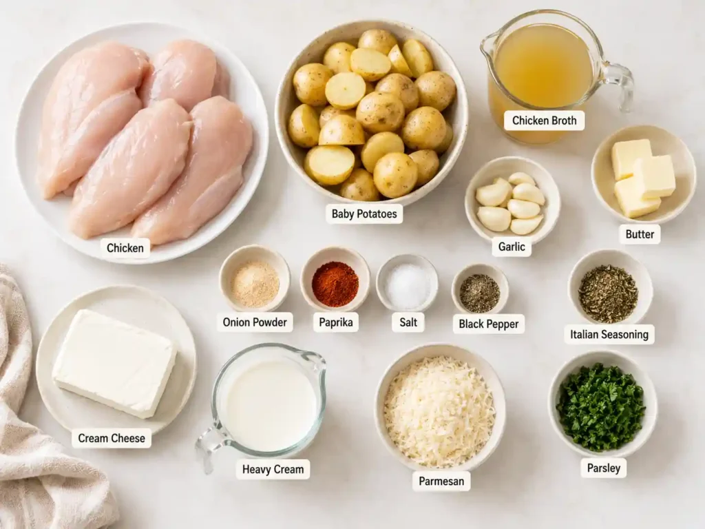 Labeled ingredients for crockpot garlic parmesan chicken and potatoes including chicken, potatoes, garlic, broth, cream cheese, cream, and Parmesan.