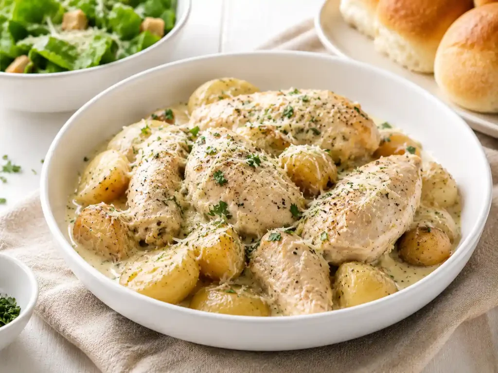 Crockpot garlic parmesan chicken and potatoes served with a simple green salad and dinner rolls.