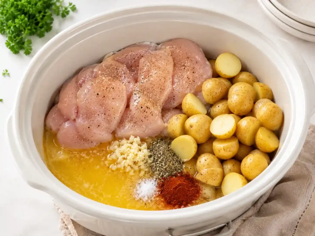 Chicken, potatoes, garlic, broth, and seasonings arranged in a slow cooker before cooking.