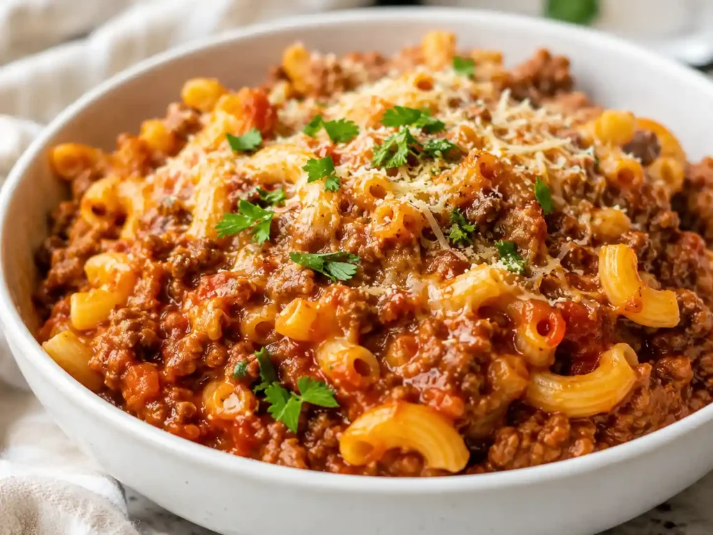 Close-up of saucy crockpot ground beef pasta with tomato sauce, melted cheese, and herbs in a white bowl.