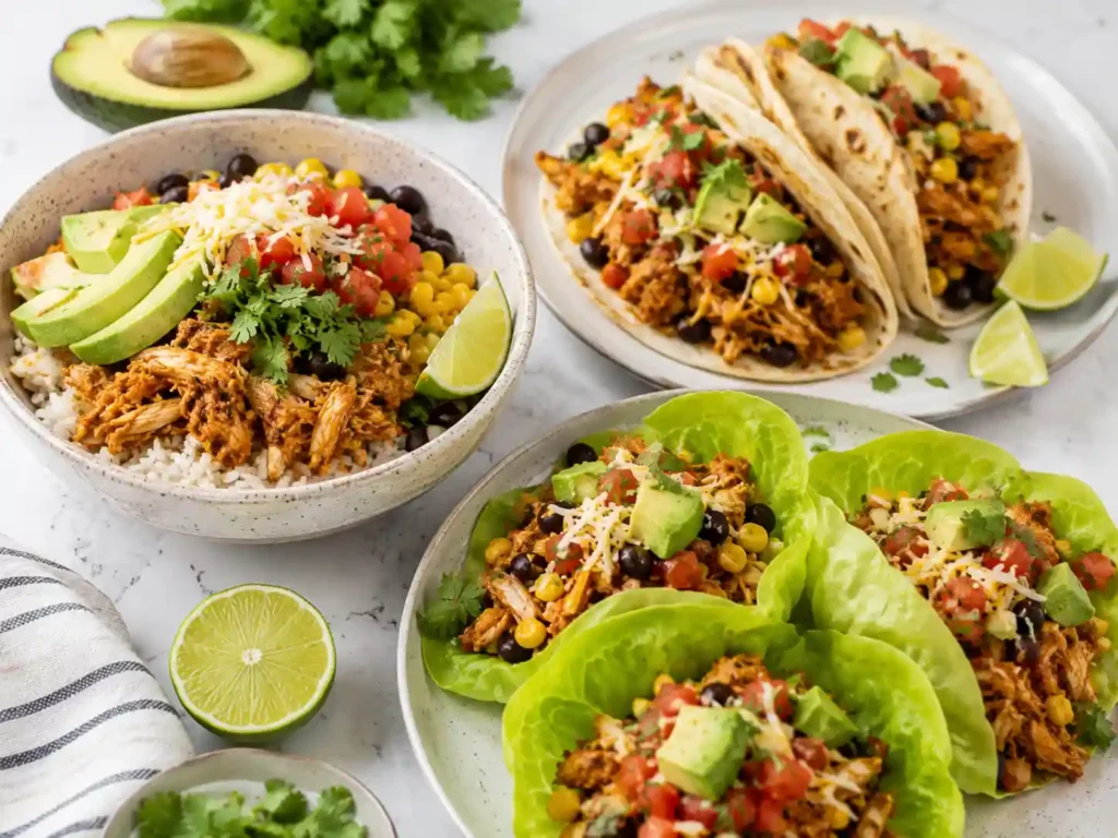One shredded crockpot chicken base served three ways as a rice bowl, tacos, and lettuce wraps with fresh toppings.