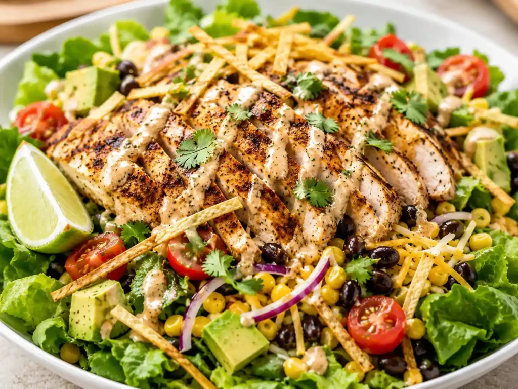 Close-up of chicken taco salad with crisp romaine, juicy chicken, avocado, creamy dressing, tomatoes, corn, beans, and crunchy tortilla strips.