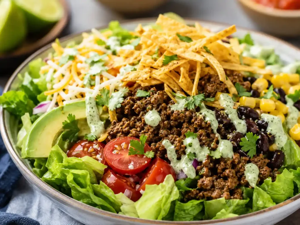 Sharp close-up of taco salad with crisp romaine, avocado, corn, tomatoes, black beans, seasoned beef, lime crema, and crunchy tortilla strips.
