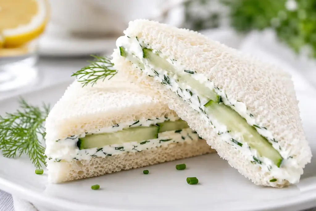 Close-up of cucumber cream cheese tea sandwich showing creamy herb filling, thin cucumber slices, and soft white bread