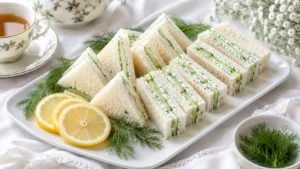 Cucumber cream cheese tea sandwiches served on a white tea party platter with dill and lemon