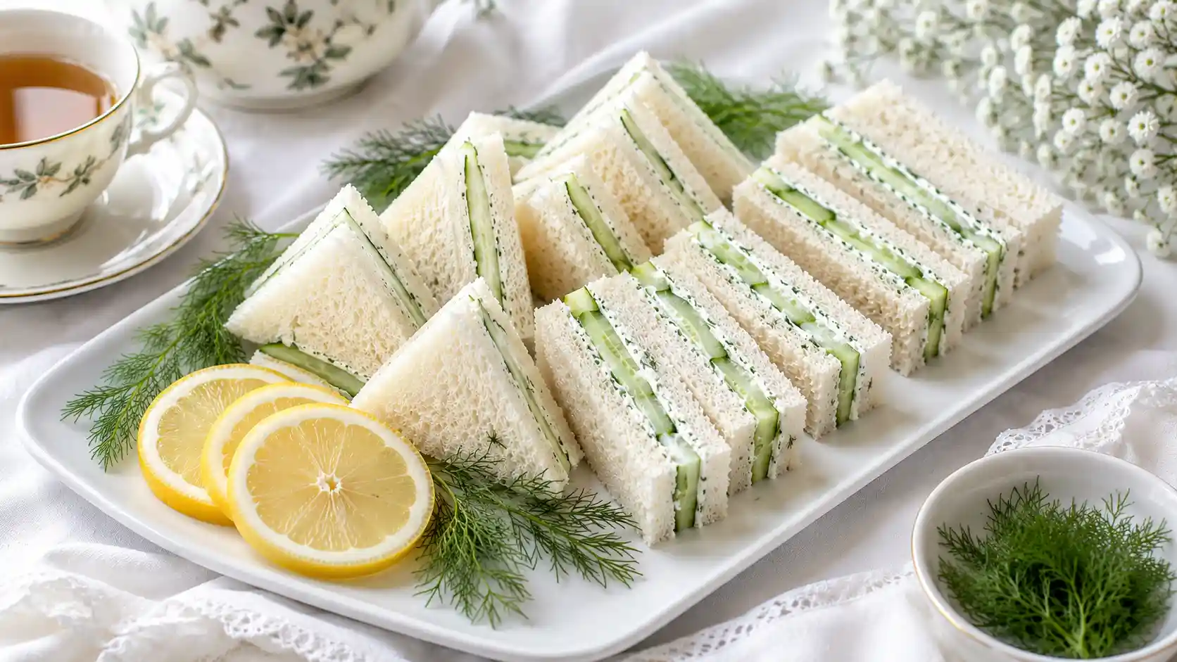 Cucumber cream cheese tea sandwiches served on a white tea party platter with dill and lemon