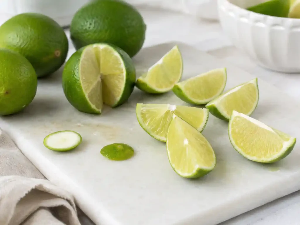 Fresh limes cut into quarters for Brazilian lemonade on a clean cutting board.