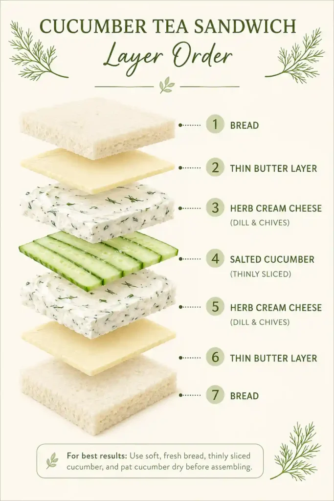 Layer diagram showing bread, butter, cream cheese, cucumber, cream cheese, butter, and bread for cucumber tea sandwiches