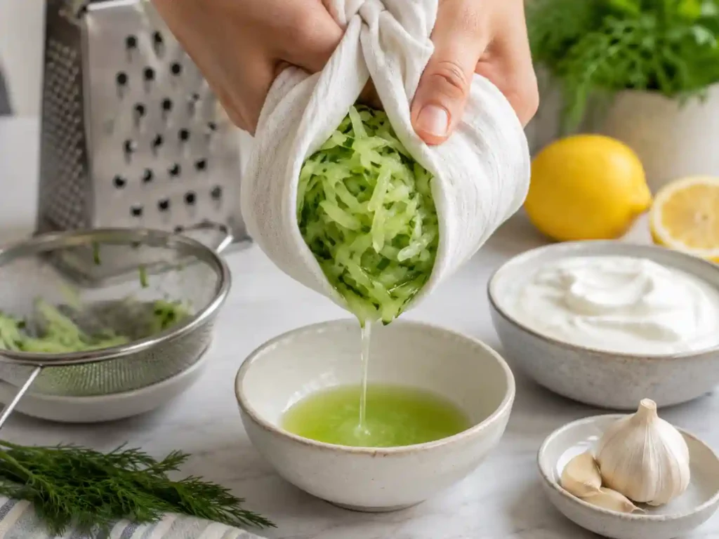 Grated cucumber being squeezed in a clean kitchen towel to remove moisture for tzatziki sauce.