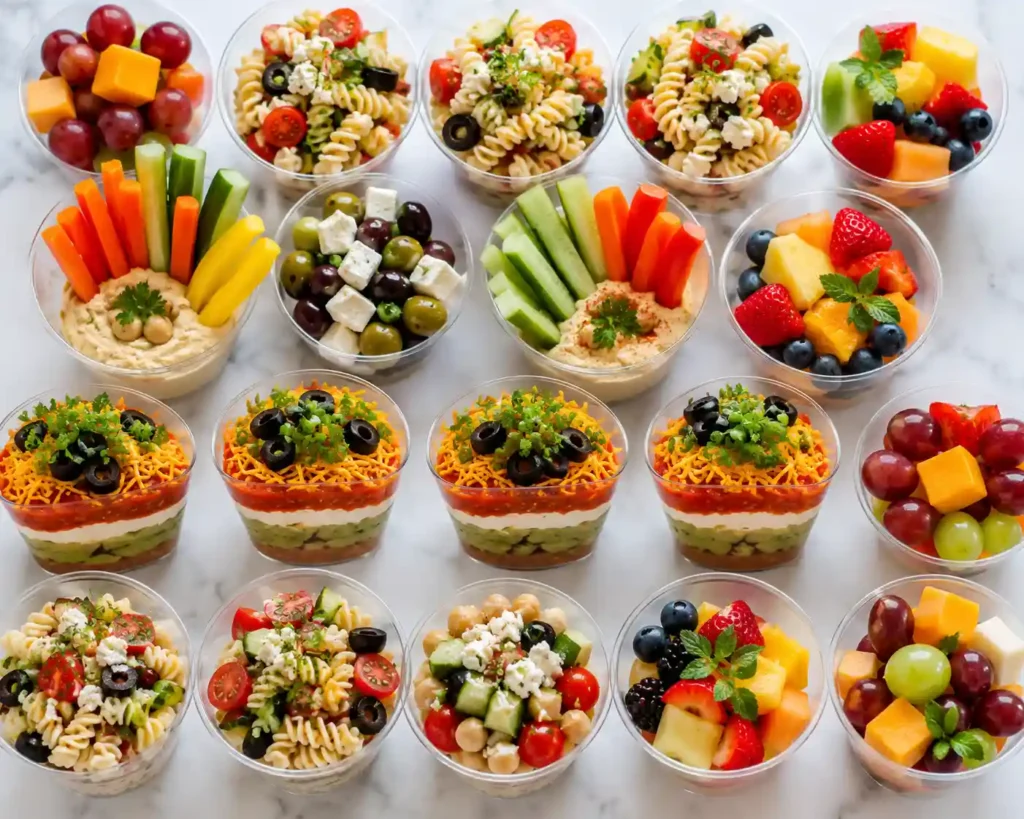 Variety of easy appetizer cups with fruit, vegetables, pasta salad, cheese, and layered dip