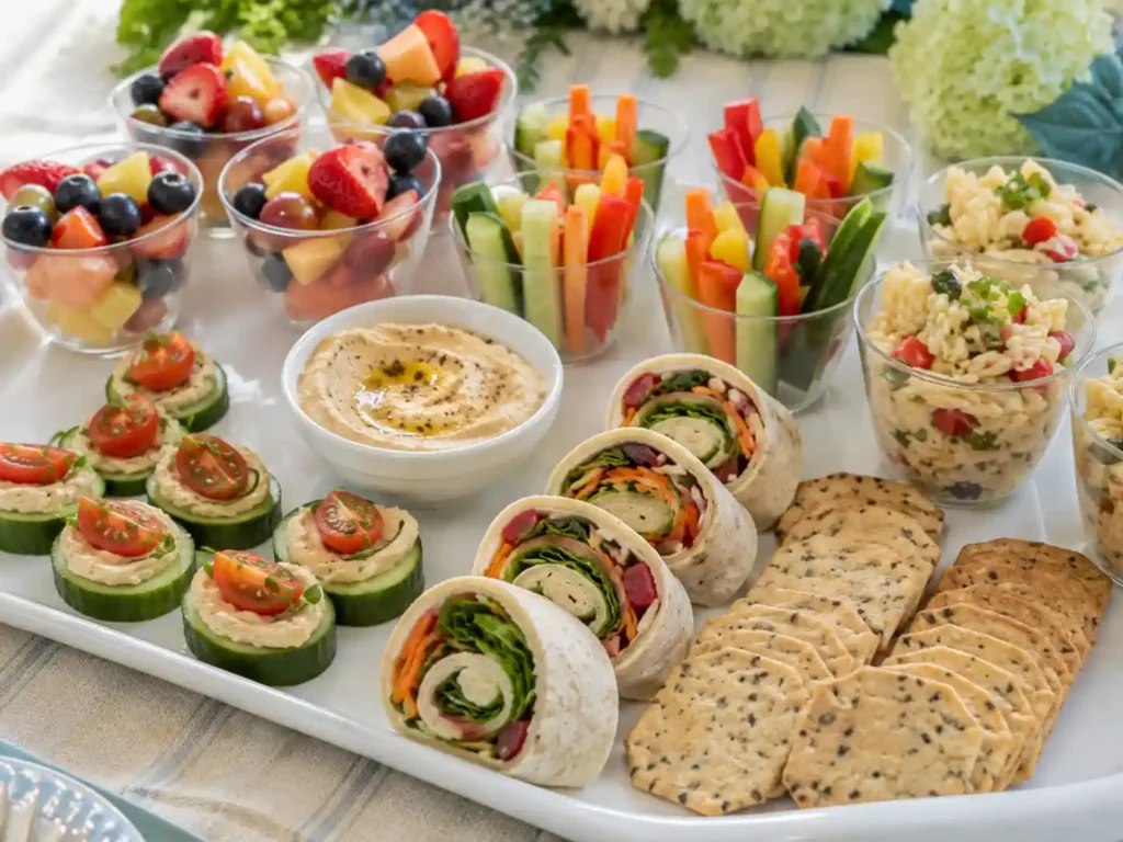 Easy cold party finger food ideas with fruit, vegetables, dips, wraps, and appetizer cups