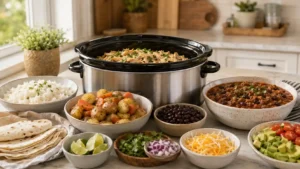 Slow cooker dinner spread with shredded chicken, beef chili, beans, potatoes, vegetables, rice, tortillas, and fresh toppings for easy dump and go crockpot meals.