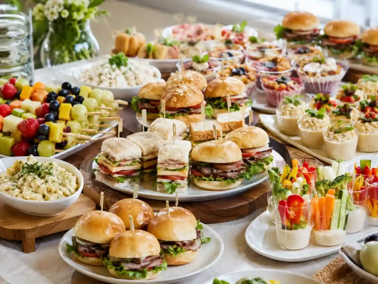Easy finger foods for parties with mini sandwiches, appetizer cups, fruit skewers, dips, and veggie cups