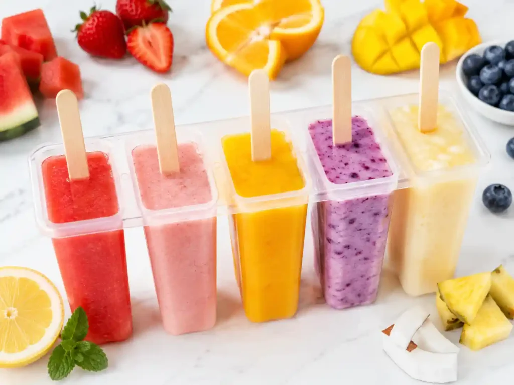 Popsicle molds filled with colorful fruit mixtures including watermelon, strawberry, mango, and berry yogurt flavors.