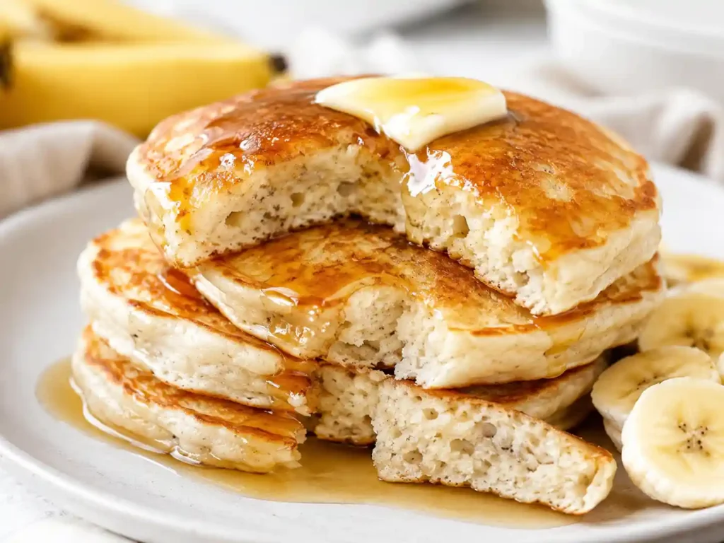 Close-up of fluffy banana pancakes showing a soft airy interior crumb with golden edges and maple syrup.